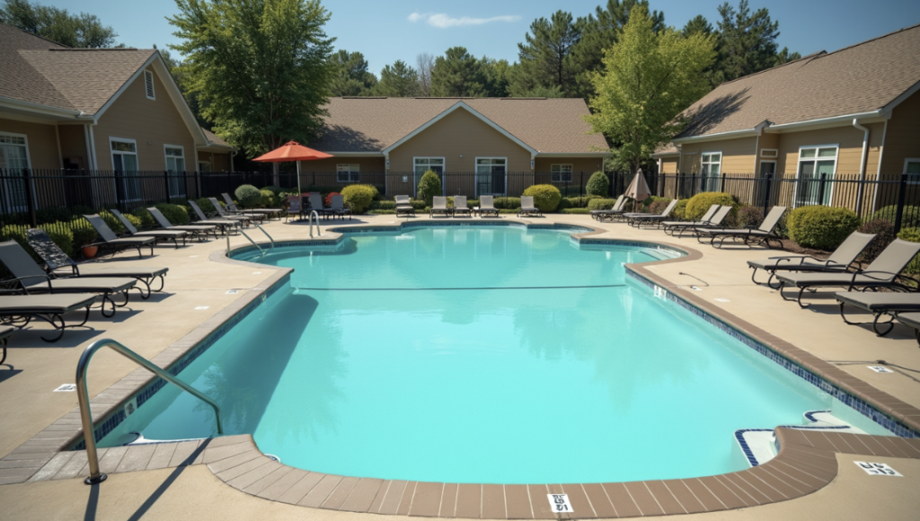 High angle view of a clear and inviting community swimming pool surrounded by lounge chairs