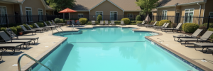 High angle view of a clear and inviting community swimming pool surrounded by lounge chairs