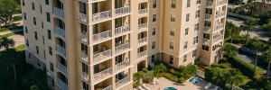 Aerial view of a mid-rise condominium building in South Florida with a pool and palm trees, representing properties affected by Florida’s 2025 condo reserve law changes.