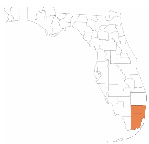 Map highlighting service area in Miami-Dade, Broward, and Palm Beach Counties, Florida