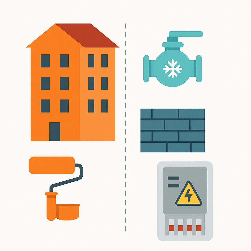 Illustration of visible and hidden condo reserve study components, including a building, paint roller, backflow preventer, waterproofing, and electrical distribution panel, representing key elements in Florida condominium maintenance planning.